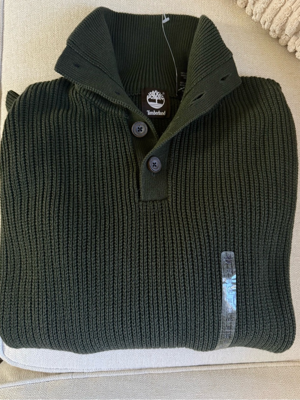 NWOT - Timberland Men's Dark Green Rib-Knit Button Mock Neck Sweater 100% Cotton